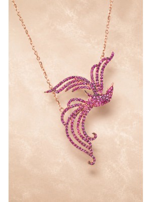 Bereka Jewelry 925 Ayar Gümüş Rose Gold Kaplama Pembe Anka Kuşu Kolye - Crimson Phoenix