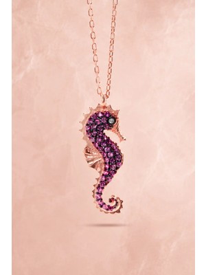 Bereka Jewelry 925 Ayar Gümüş Rose Gold Kaplama Pembe Denizatı Kolye - Seahorse Reverie
