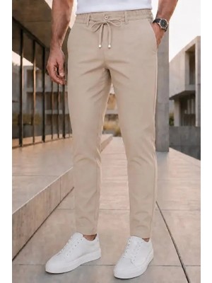 Modamesto Erkek Bej Slim Fit Likralı Beli Lastikli Bağcıklı Yan Cep Jogger Kumaş Pantolon