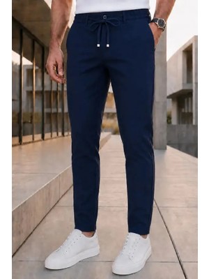Modamesto Erkek Lacivert Slim Fit Likralı Beli Lastikli Bağcıklı Yan Cep Jogger Kumaş Pantolon