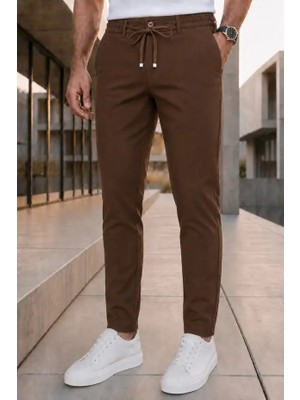 Modamesto Erkek Kahverengi Slim Fit Likralı Beli Lastikli Bağcıklı Yan Cep Jogger Kumaş Pantolon