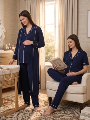 Lohussa Yeni Sezon Lacivert Biyeli Yazlık Full Düğmeli Tasarım Kısa Kol %100 Pamuk Hamile Lohusa Sabahlık Pijama Takımı Seti