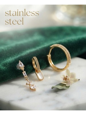 Stainless Steel Pirinç Gold Renk Zirkon Taşlı Sallantılı Model 3'lü Küpe Set
