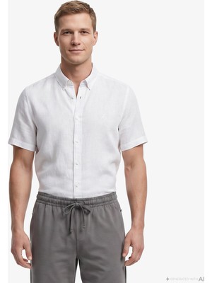 Nautica Erkek Açık Gri Regular Fit Kısa Kollu Keten Gömlek W65100T.1GD