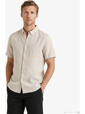 Nautica Erkek Bej Regular Fit Kısa Kollu Keten Gömlek W65100T.1PS