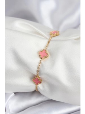 HBG Markt Mey Ithalat® 316L Çelik Gold Renk Pembe Baby Boy Yonca Kadın Bileklik