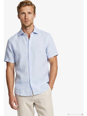 Nautica Erkek Mavi Regular Fit Kısa Kollu Keten Gömlek W65100T.4SU