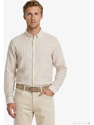 Nautica Erkek Bej Regular Fit Çizgili Keten Gömlek W65451T.2PY