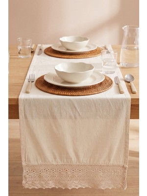 Krem Lacy Pamuklu Dantelli Runner 40X150 cm