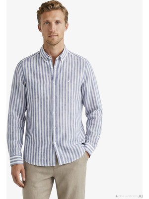 Nautica Erkek Koyu Mavi Regular Fit Çizgili Keten Gömlek W65451T.4DX