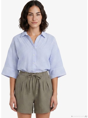 Nautica Kadın Mavi Regular Fit Kısa Kollu Çizgili Keten Gömlek 65W304T.45K