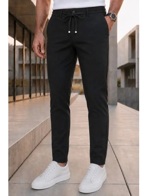 Modamesto Erkek Siyah Slim Fit Likralı Beli Lastikli Bağcıklı Yan Cep Jogger Kumaş Pantolon