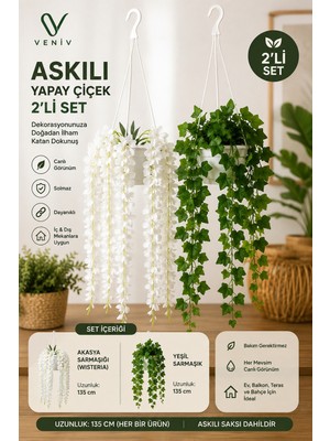 Veniv 2’li Askılı Yapay Çiçek Seti – 135 cm | Akasya Sarmaşığı & Yeşil Sarmaşık
