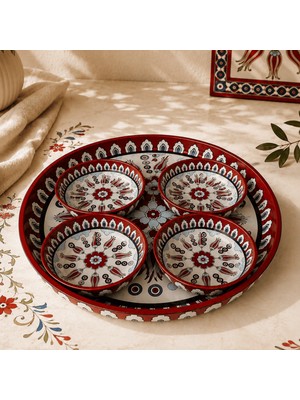 Sarkap Home 26 cm Kırmızı Ebru Meyve Tabağı ve 4'lü Çerezlik Seti