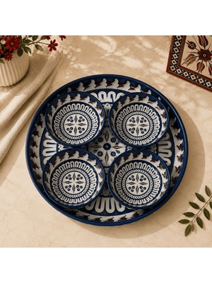Sarkap Home 26 cm Mavi Ebru Meyve Tabağı ve 4'lü Çerezlik Seti