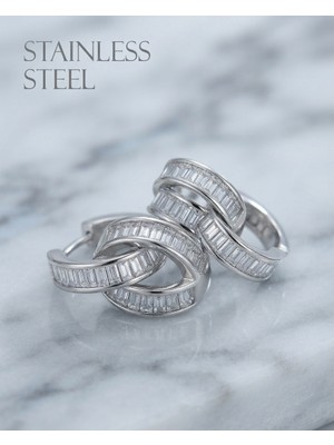 Stainless Steel Pirinç Gümüş Renk Zirkon Taşlı Zincir Model Küpe