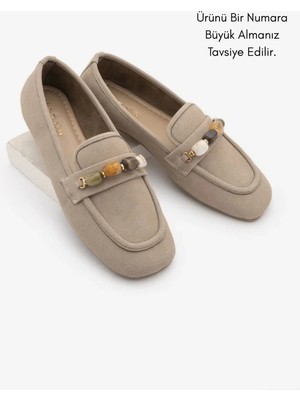 Marjin Kadın Küt Burun Taşlı Loafer Günlük Ayakkabı Arite Bej Süet
