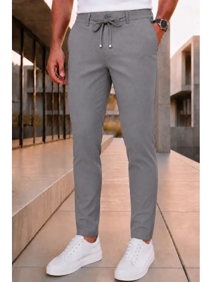Modamesto Erkek Füme Slim Fit Likralı Beli Lastikli Bağcıklı Yan Cep Jogger Kumaş Pantolon