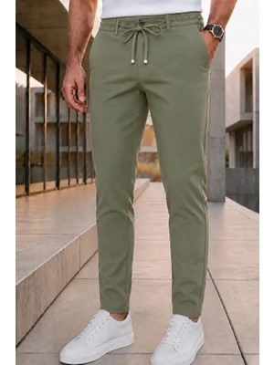 Ser Joven Erkek Haki Slim Fit Likralı Beli Lastikli Bağcıklı Yan Cep Jogger Kumaş Pantolon