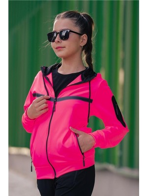 Pina Kids Kız Çocuk Kolu Cepli Şerit Baskılı Kapüşonlu Dalgıç Kumaş Eşofman Takımı ESF7031