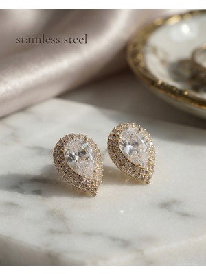 Stainless Steel Pirinç Gold Renk Zirkon Taşlı Damla Model Küpe
