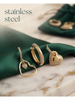 Stainless Steel Pirinç Zirkon Taşlı Kalp Model Gold Renk 3'lü Küpe Set
