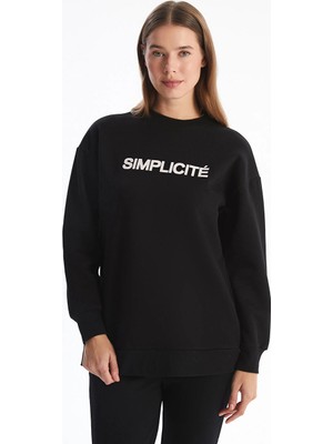 LC Waikiki Lcw Modest Siyah Bisiklet Yaka Baskılı Kadın Kalın Sweatshirt Tunik