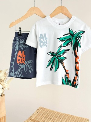 Minimoa Kids Erkek Çocuk Palmiye Baskılı Aloha Yazılı Ikili Şortlu Takım
