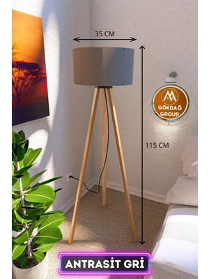 Moontime Alaçatı 3 Ayaklı Mega Boy Tripod Lambader Abajur Antrasit Gri Kumaş Başlık