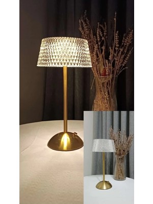 Moontime Alaçatı Dekoratif Kristal Şarjlı Gold LED Abajur, Yılbaşı Masa Lambası, Dokunmatik 3 Renk Modu