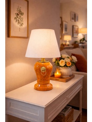 Moontime Alaçatı Abajur Aydınlatma Aslanlı Şah Soft Sarı Mermer Beyaz Şapka Gold - Feray Home