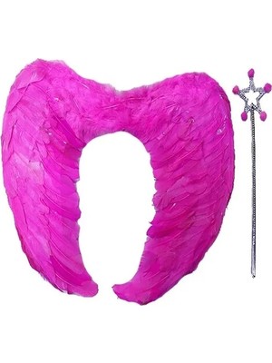 Melonika Gerçek Tüylü Katlanabilir Çuk Pembe Melek Kanadı ve Asa Seti 40X55 cm