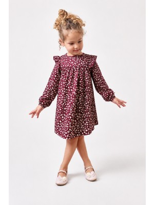 Noble Kids Kız Çocuk Çiçek Desenli Volanlı Elbise Bordo