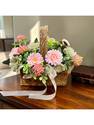 Sedosh Home Vision Hasır Sepette Yeşil Pembe Papatya Aranjmanı Yapay (25X25X20 Cm)