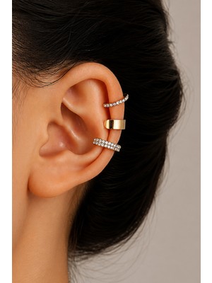 Trend Collection Kadın 3'lü Ear Cuff Küpe Seti Gold ve Taşlı Kıkırdak Küpe (Sıkıştırmalı)