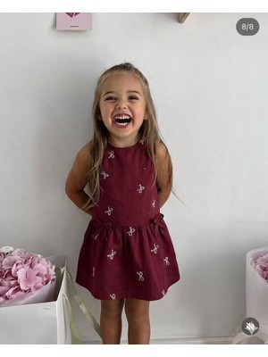 Noble Kids Kız Çocuk Kurdele Nakışlı Pamuklu Elbise Bordo