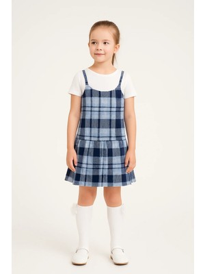 Noble Kids Kız Çocuk Askılı Ekose Elbise Mavi