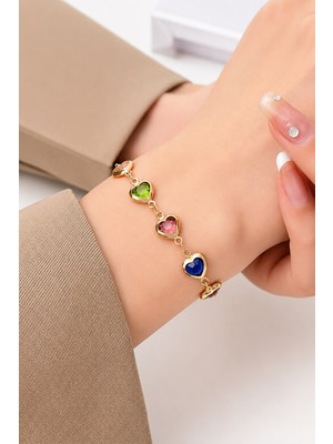 Trend Collection Renkli Taşlı Kalp Figürlü Gold Ayarlanabilir Bileklik