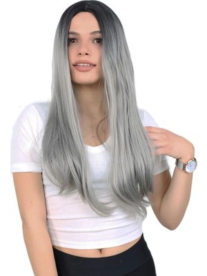 Melonika Fiber Sen Uzun Düz Peruk / Siyah / Gri Ombreli