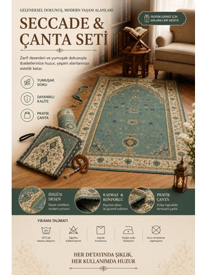 Elvoran Joy Seccade & Çanta Seti 70X125 cm – Raşel Kumaş, Canlı Baskılı, Fermuarlı Taşıma Çantalı Turkuaz Desenli Namazlık