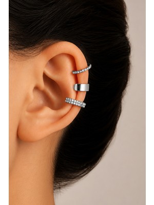 Trend Collection Kadın 3'lü Ear Cuff Küpe Seti Gümüş ve Taşlı Kıkırdak Küpe (Sıkıştırmalı)