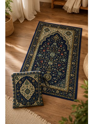 Elvoran Joy Seccade & Çanta Seti 70X125 cm – Raşel Kumaş, Canlı Baskılı, Fermuarlı Taşıma Çantalı Lacivert Desenli Namazlık
