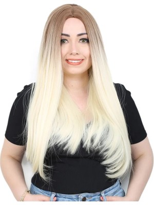 Melonika Fiber Sen Uzun Düz Peruk / Kumral / Platin Ombreli