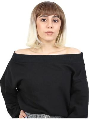 Melonika Kısa Küt Perçemli Fiber Sen Peruk / Kumral / Platin Ombreli