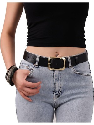 Asitan Kadın Moda Gold Renk Tokalı, Tek Parça Yumuşak Hakiki Deri Koyu Kahverengi Kemer, Genişlik 3.8