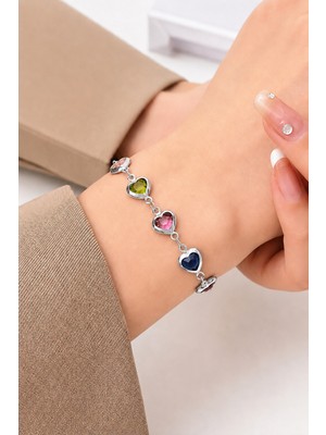 Trend Collection Renkli Taşlı Kalp Figürlü Gümüş Ayarlanabilir Bileklik
