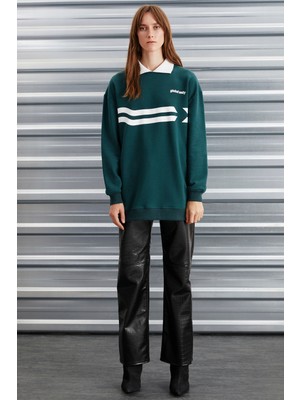 Ethiquet Arlene Kadın Içi Polarsız Polo Yaka Parça Baskı Detaylı Yeşil Sweatshirt