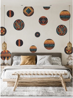 S Digital Etnik Desenli Daire Duvar Sticker Seti | Boho Tribal Geometrik Kendinden Yapışkanlı Folyo Dekor - 19 Parça