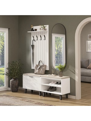 Roomart Nord Vestiyer Takımı Kapaklı ve Kapaksız Bench,lambri Askılıklı, Modüler, Oval Aynalı Portmanto Takımı