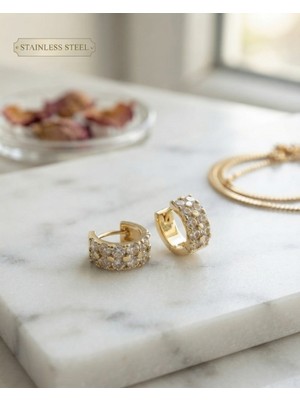 Stainless Steel Gold Renk 14K Kaplama Zirkon Taşlı cm Küpe